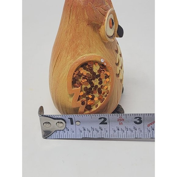 Wood Owl Figurine Pear Shaped With Stem Hand Painted Carved Orange Glitter Wings - Picture 8 of 9